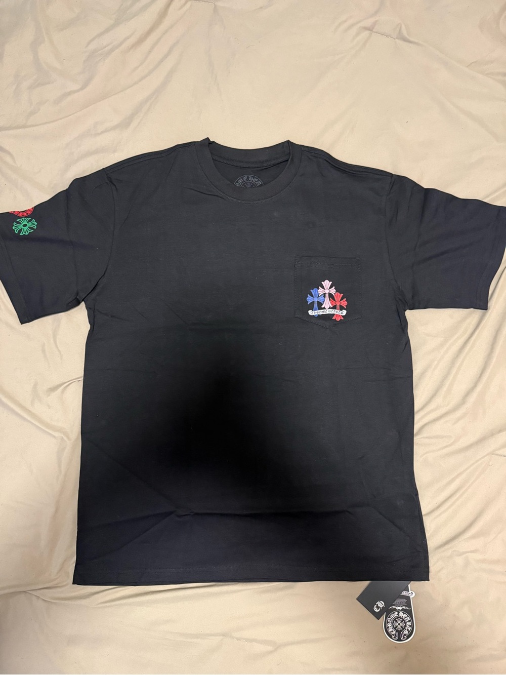 Chrome Hearts Black Short-Sleeve Pocket Tee with Tricolor Floral Crest BNWT